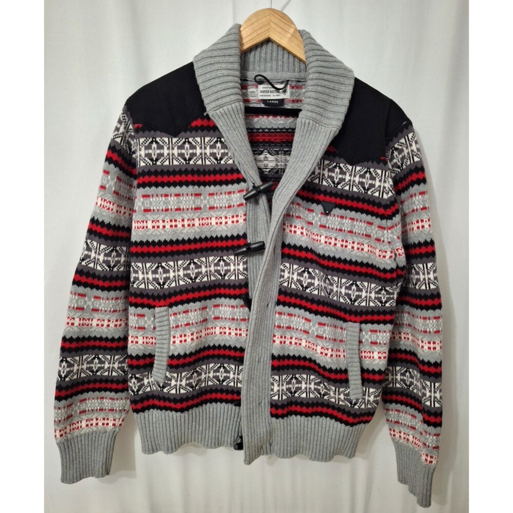 Parish Nation Fair Isle Shawl Collar Mens Cardigan Sweater L Toggle Elbow Patch